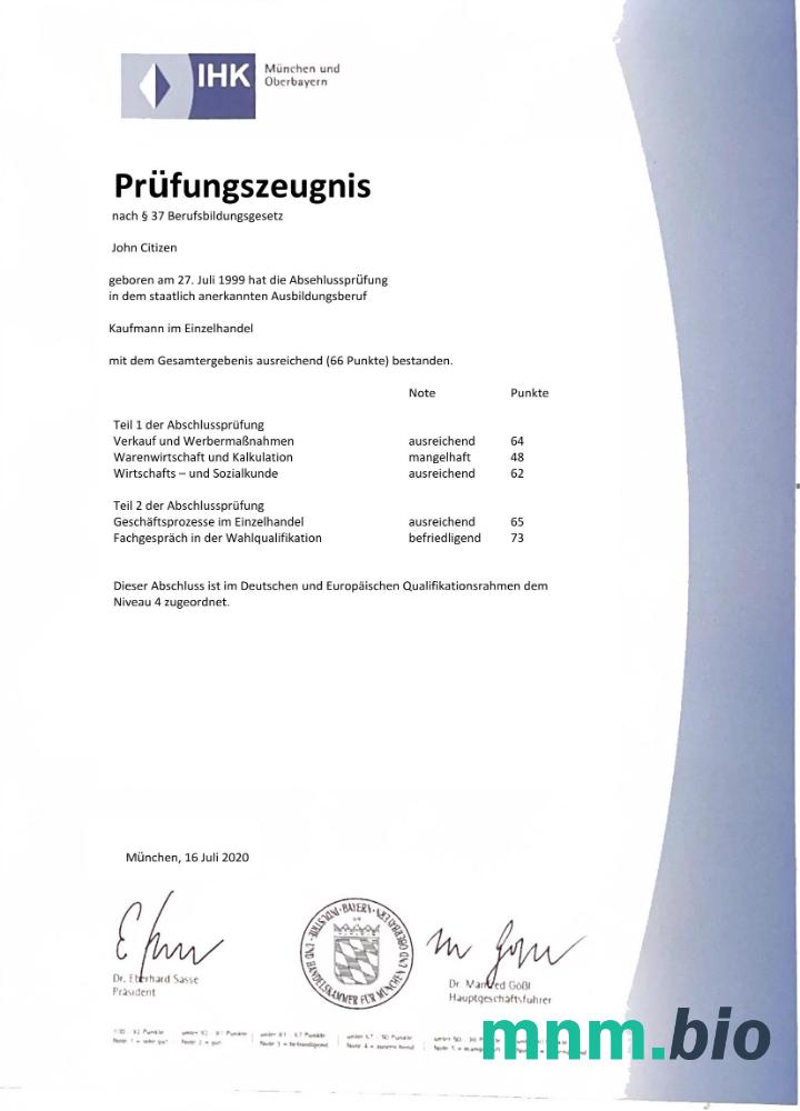 Germany IHK Munich examination certyfikat Word i PDF szablon